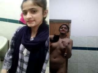 Indian college girl gets naughty in a bathroom